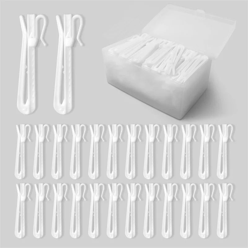 A set of 30 white adjustable pinch pleat curtain hooks for pleated drapes shown in various arrangements.
