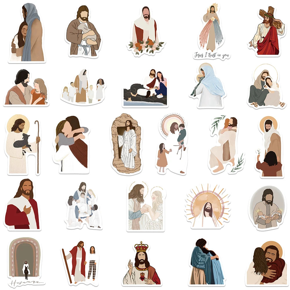 A collection of aesthetic faith stickers featuring various religious figures and symbols.