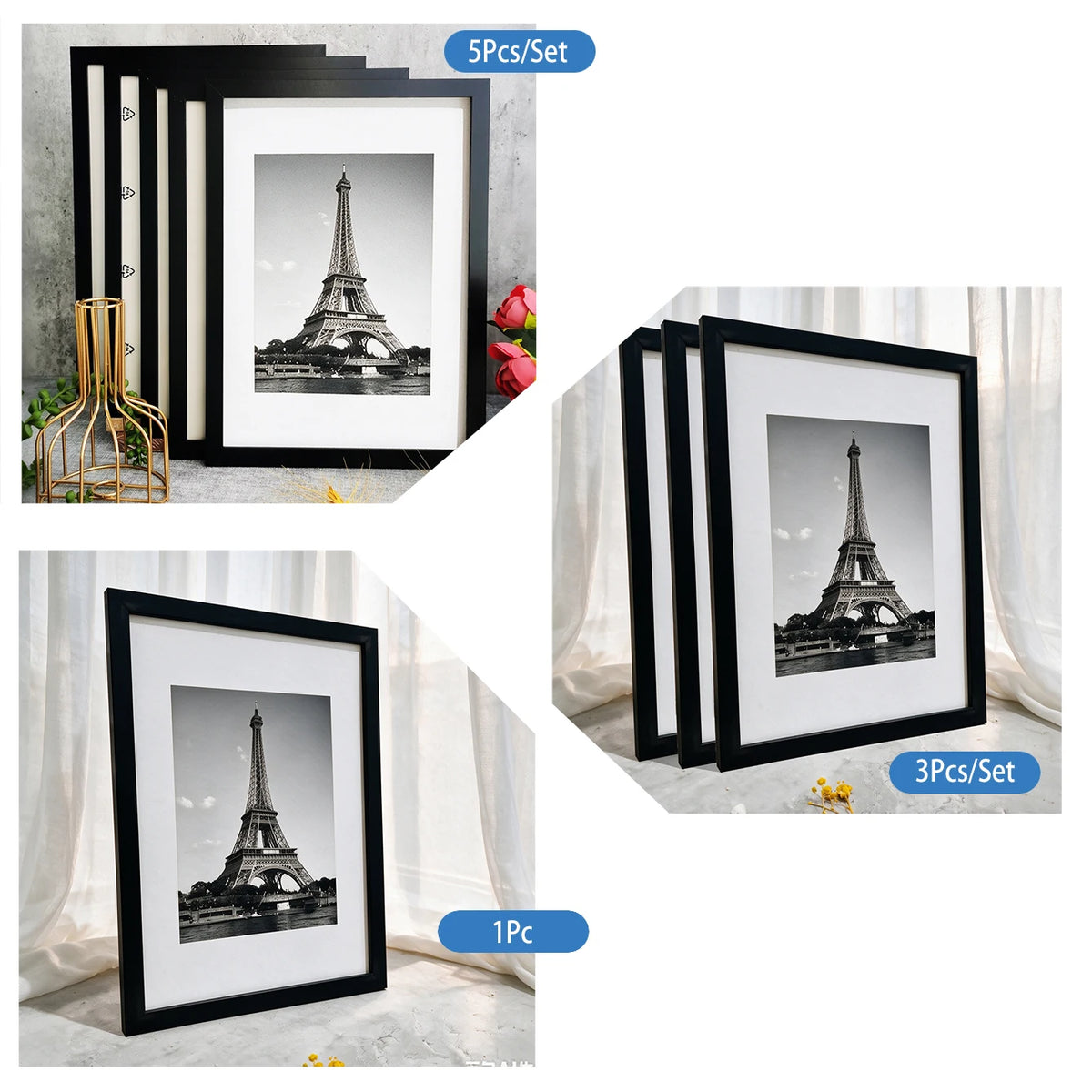 A set of black photo frames featuring the Eiffel Tower, available in 1pc or 5pcs/set.