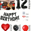A set of red and black foil number balloons, heart-shaped balloons, and round balloons for birthday decorations.