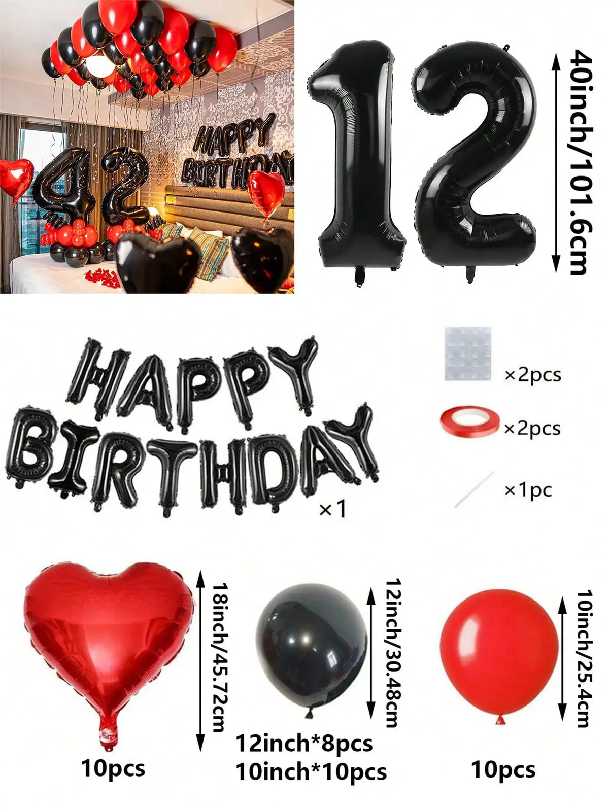 A set of red and black foil number balloons, heart-shaped balloons, and round balloons for birthday decorations.