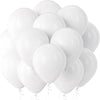 A cluster of white latex balloons floating against a white background.