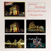 A set of scratch paper, a wooden pen, and images of ancient buildings and pyramids for an art kit.