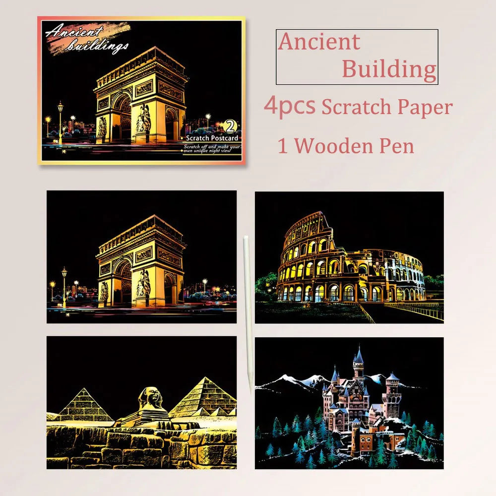 A set of scratch paper, a wooden pen, and images of ancient buildings and pyramids for an art kit.