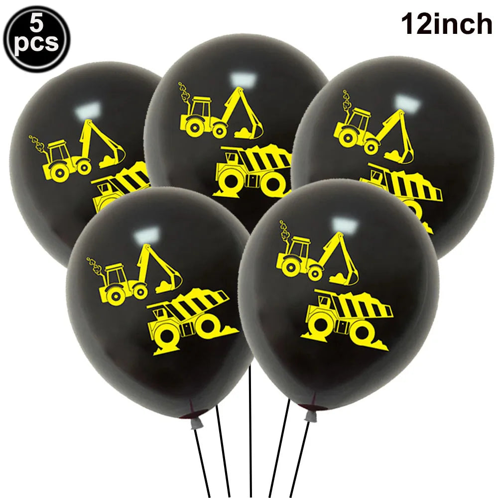 Twelve black foil balloons featuring yellow construction trucks and excavators for party decor