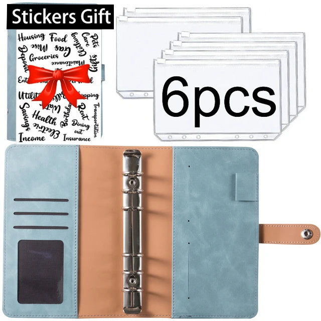 A set of six white stickers and a tan leather planner binder with cash envelopes and expense sheets