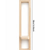 A vertical wooden wall shelf with a rectangular opening and a small wooden ledge, made of light wood.