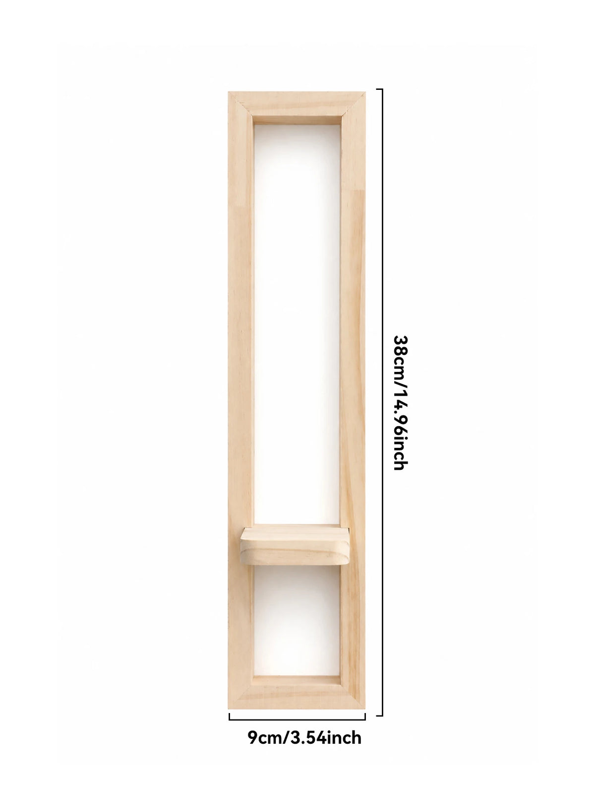 A vertical wooden wall shelf with a rectangular opening and a small wooden ledge, made of light wood.