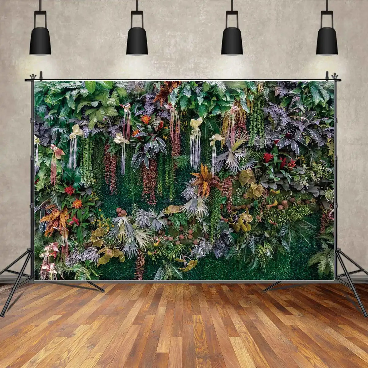 A lush tropical jungle leaf photography backdrop featuring various green, purple, and reddish foliage.