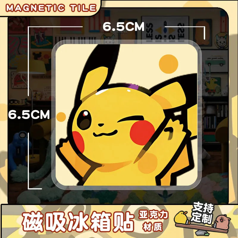 A yellow Pokémon character, likely Pikachu or a similar creature, is featured on a magnetic tile product.