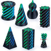 A set of black 3D printed spiral fidget toys in various shapes and sizes with green and blue accents.