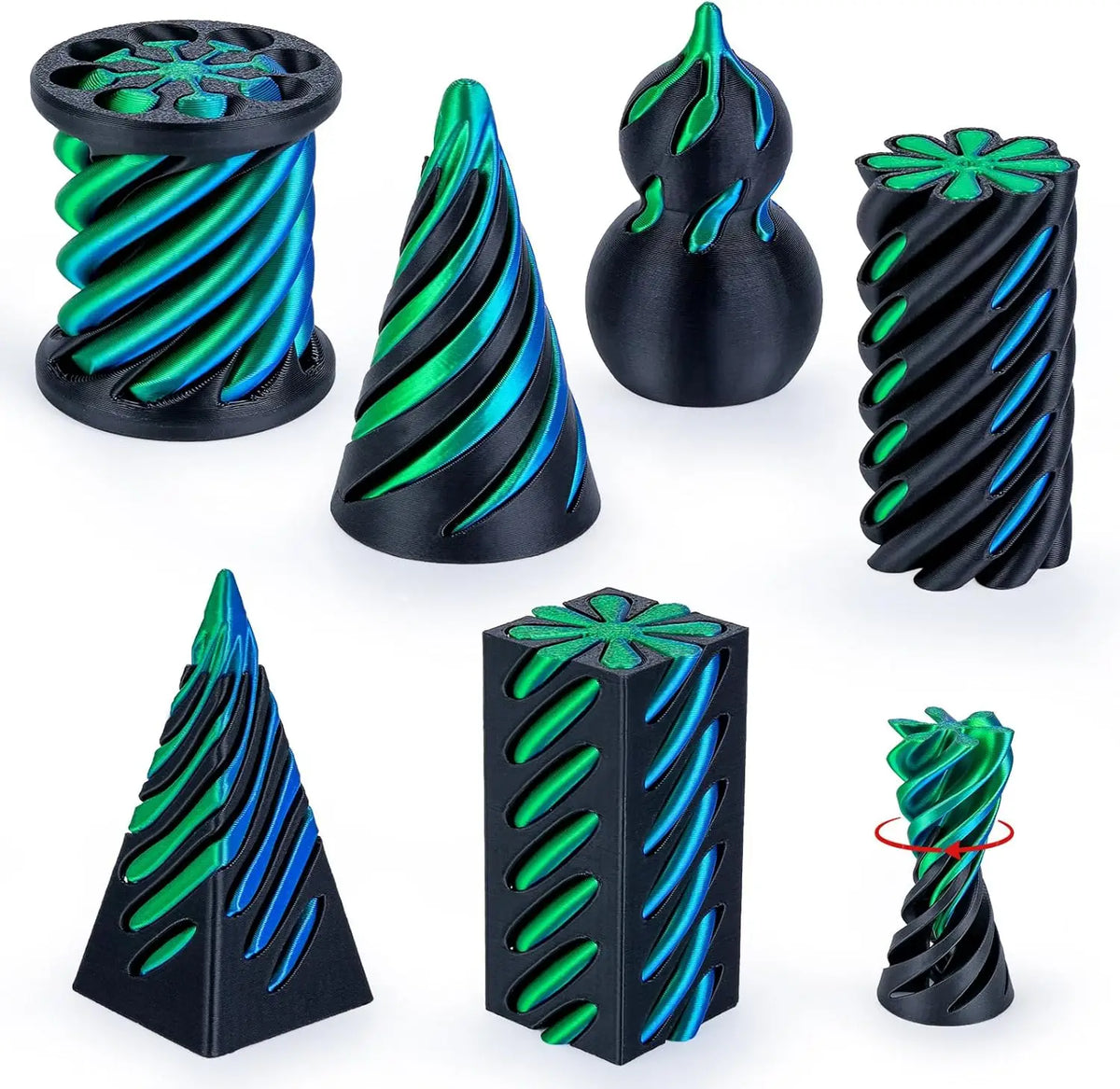 A set of black 3D printed spiral fidget toys in various shapes and sizes with green and blue accents.
