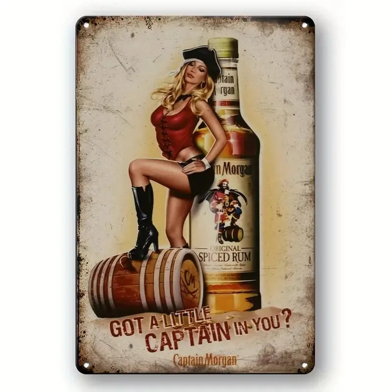 Vintage beer metal tin sign featuring a woman in red attire next to a bottle of spiced rum
