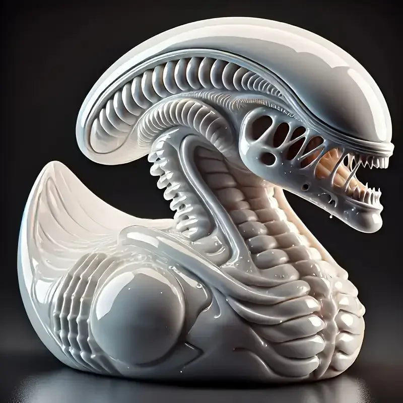 A white resin statue of an alien duck with textured skin and large eyes.