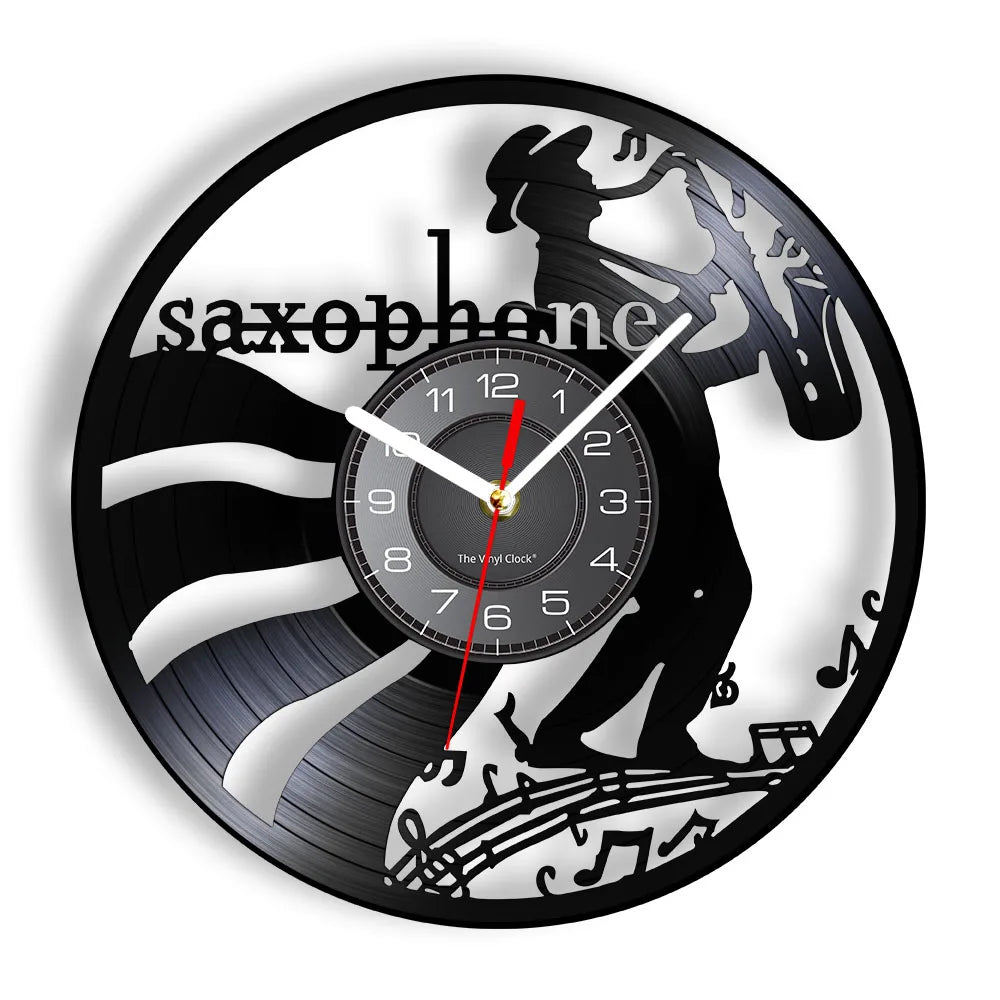 A black wall clock face featuring a silhouette of a saxophone player and musical notes on a vinyl record design.