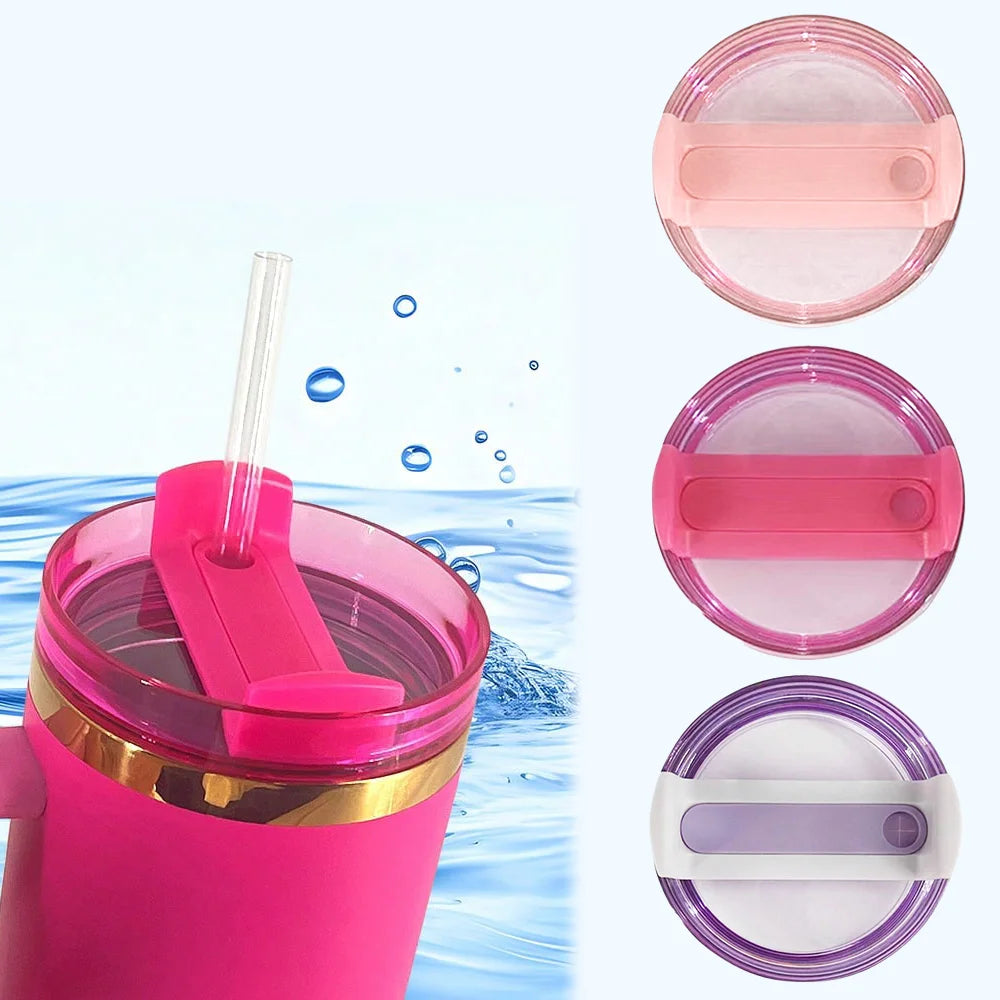 Pink replacement tumbler lid with a silicone stopper and multiple colored lids shown on a pink cup.