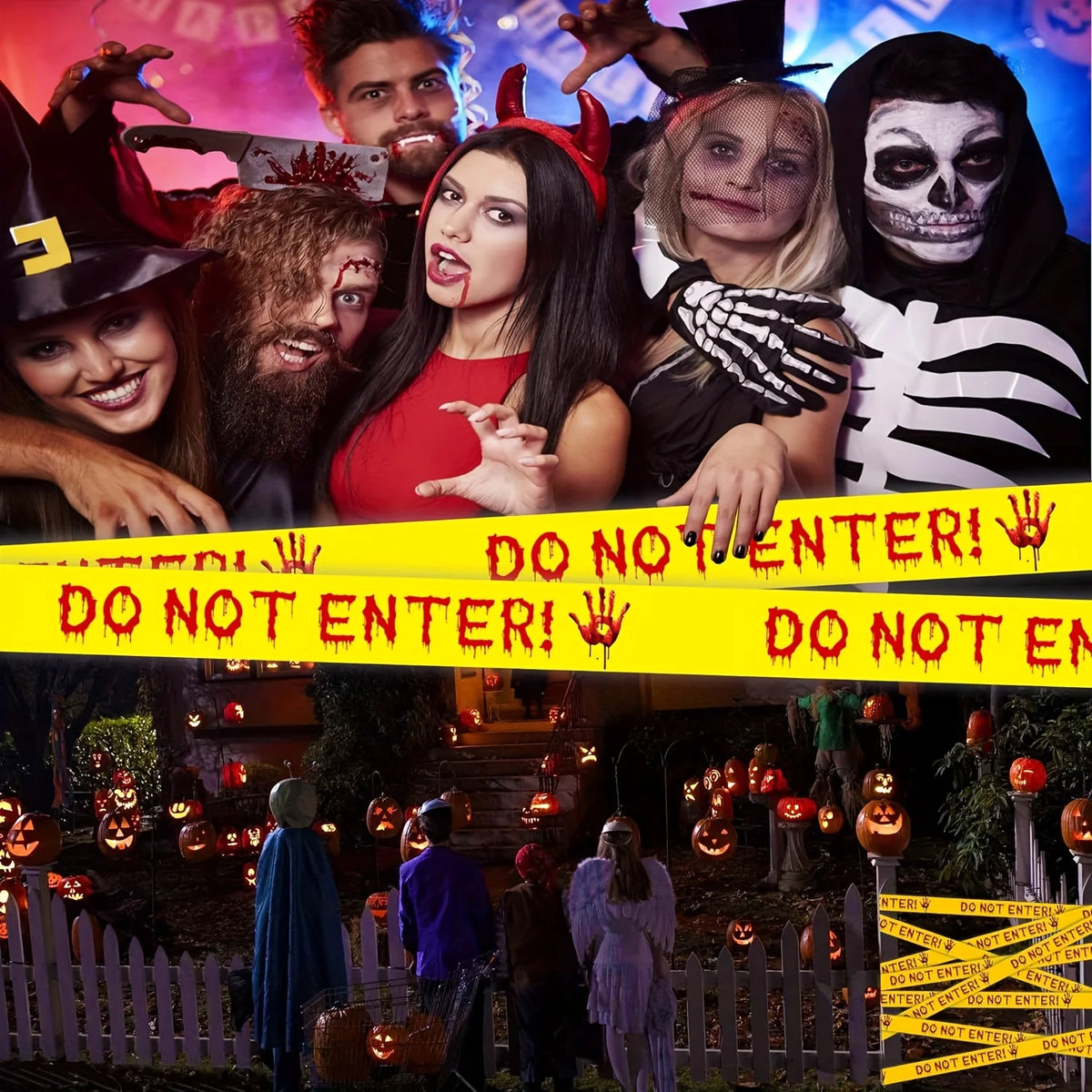 Halloween Caution Tape with Bloody Handprints