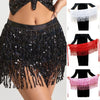Black sequin hula dancer skirt with tassel belts shown on a model.