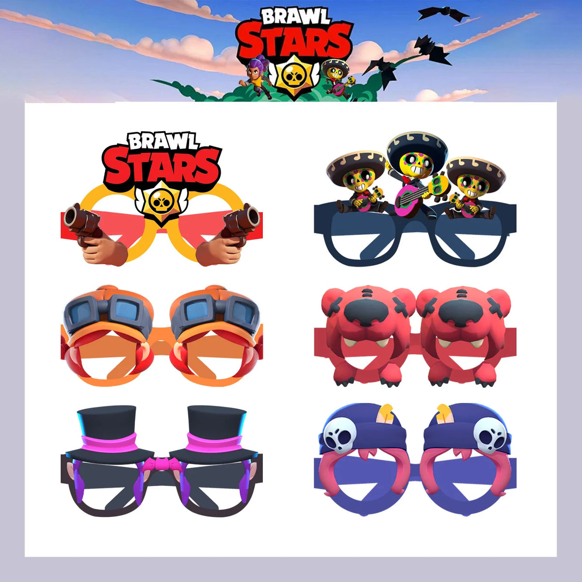 A collection of Brawl Stars themed cosmetic items including a cake topper, goggles, and animal masks.