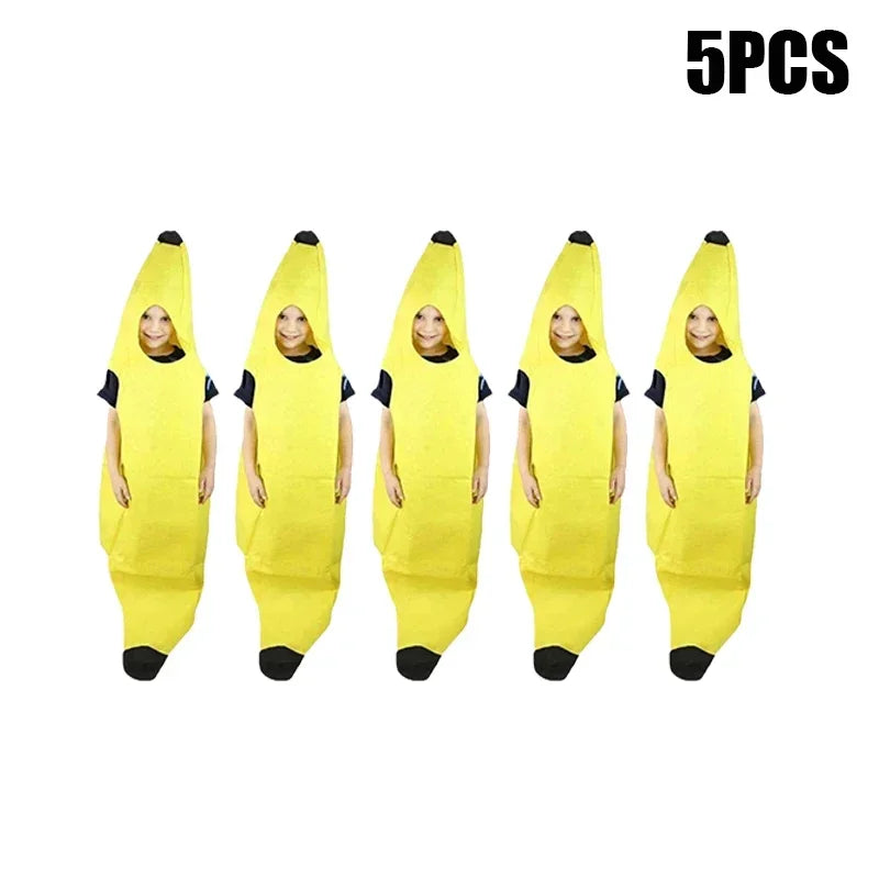 Five yellow banana costumes for kids with faces, displayed in a row.