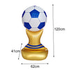 A golden standing soccer balloon with a blue and white football on top, measuring 120cm in height.