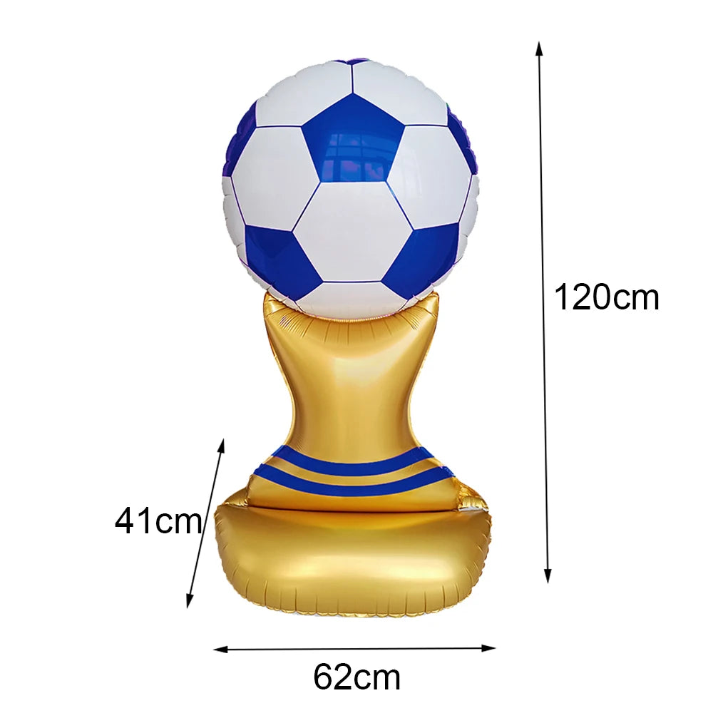 A golden standing soccer balloon with a blue and white football on top, measuring 120cm in height.