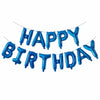 A string of blue foil letter balloons spelling out Happy Birthday for party decoration