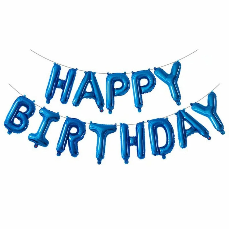 A string of blue foil letter balloons spelling out Happy Birthday for party decoration