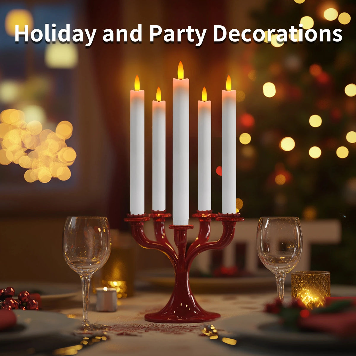 Six white taper candles in a red holder are displayed on a table with holiday decorations.