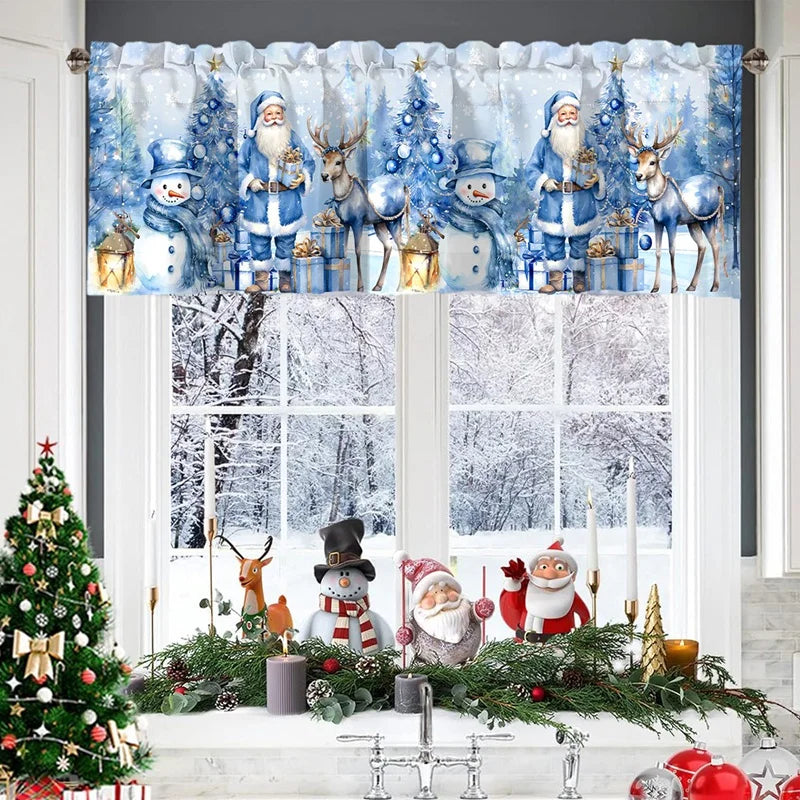 Festive Christmas valance curtains featuring Santa figures, reindeer, and snowy winter scenes.