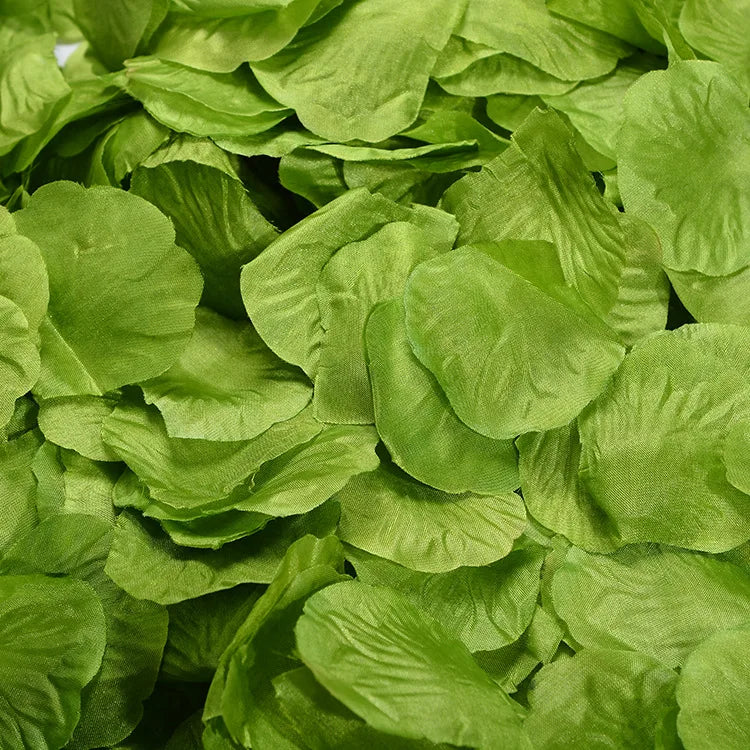 A close-up view of bright green artificial silk rose petals for events.