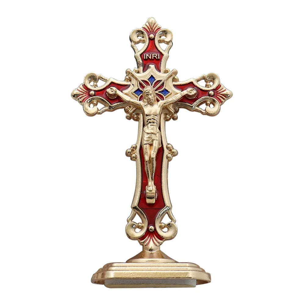 Golden Crucifix Figurine with Enamel Accents