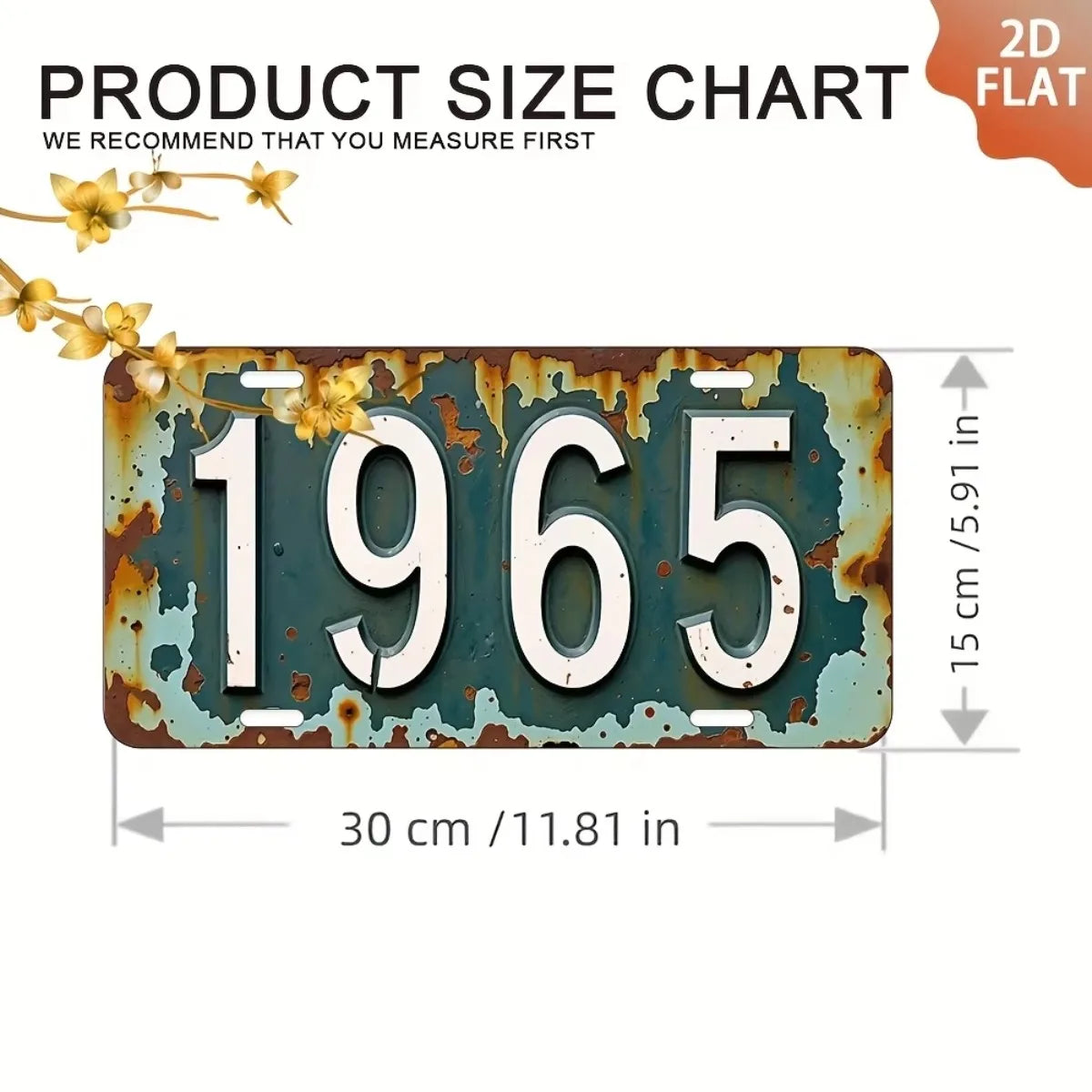 A vintage, weathered aluminum license plate tag with the year 1965 embossed on it.