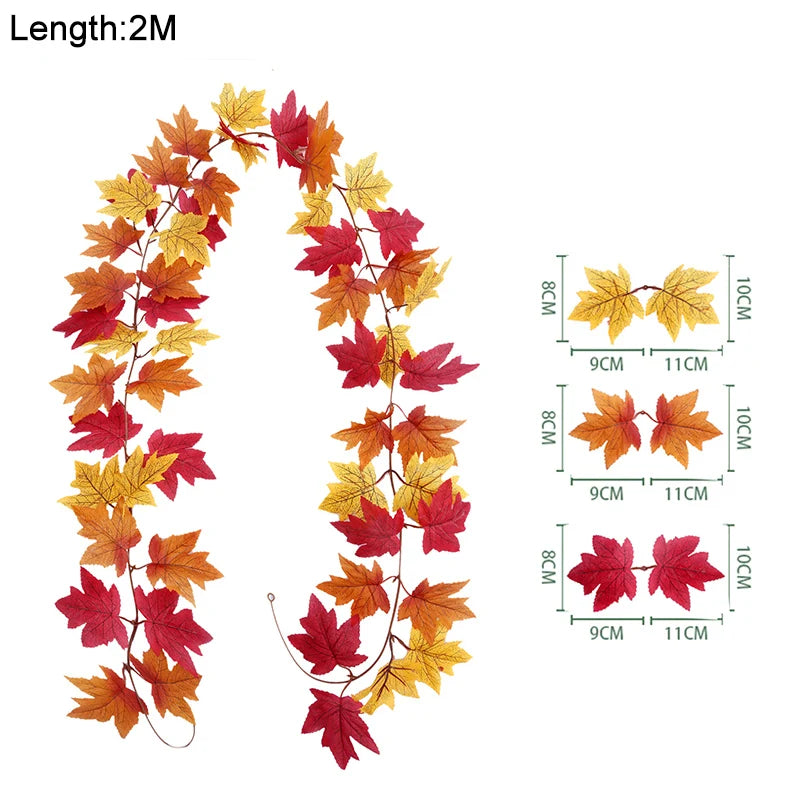A long garland of artificial maple leaves in shades of red, orange, and yellow.