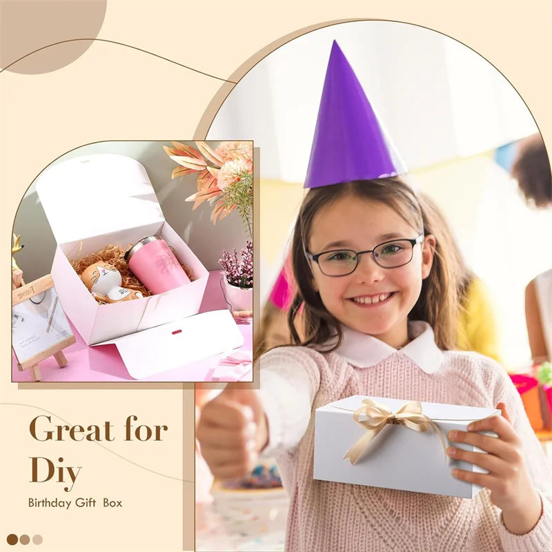 A smiling girl holds a white gift box with a ribbon tie, set against a background featuring pink and purple accents.