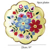 Eight pieces of yellow floral plates with colorful flower designs, measuring 23cm or 9 inches.