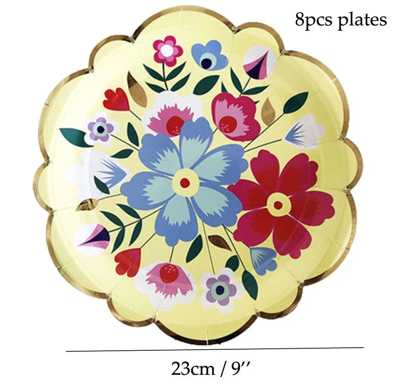 Eight pieces of yellow floral plates with colorful flower designs, measuring 23cm or 9 inches.