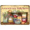 A vintage metal tin sign titled American Kitchen featuring jars of preserves and fresh fruit on a wooden shelf.