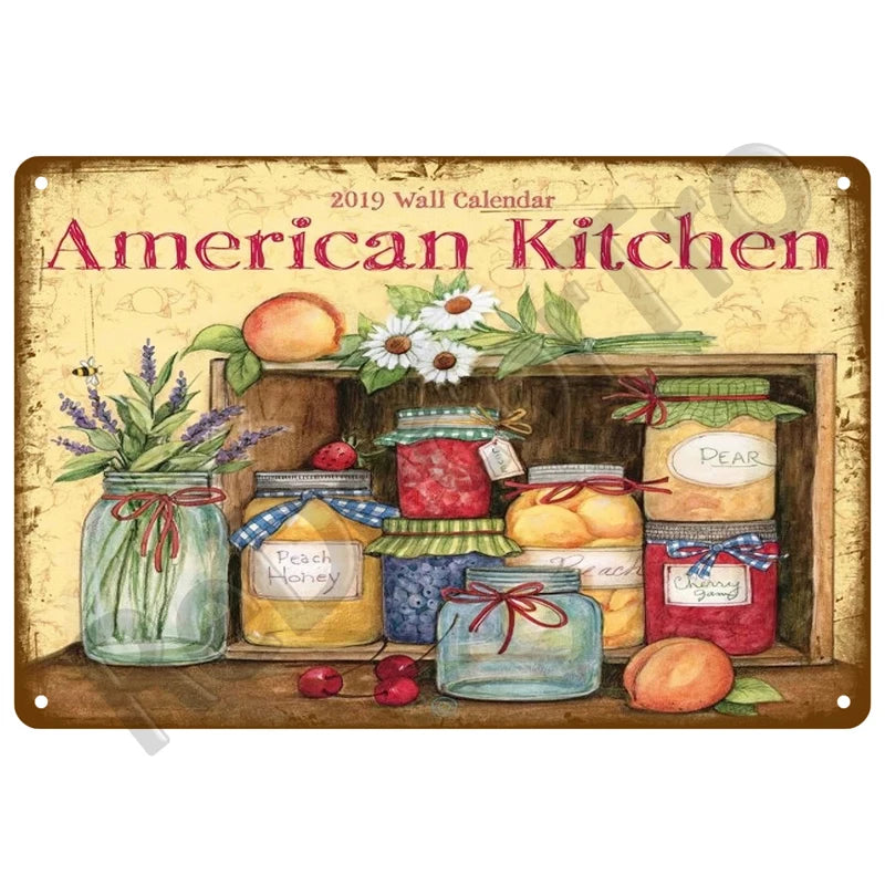 A vintage metal tin sign titled American Kitchen featuring jars of preserves and fresh fruit on a wooden shelf.
