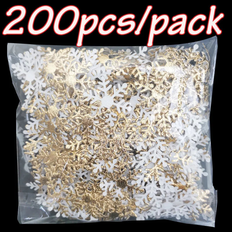 A package of 200 pieces of gold frosted snowflake confetti for holiday decorations.