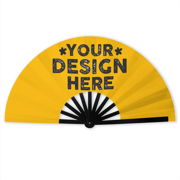 A yellow folding hand fan with the text Your Design Here printed on it.