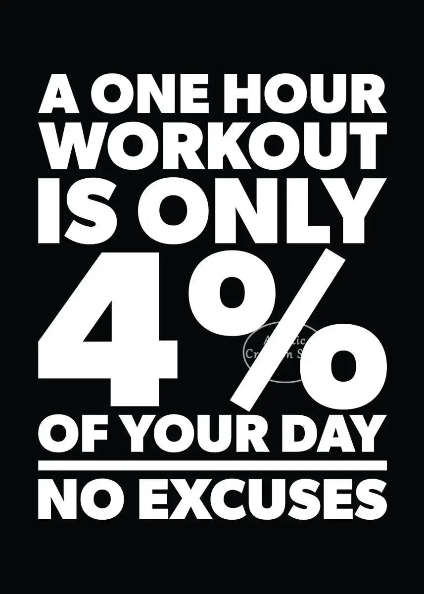 Text graphic stating that a one-hour workout is only 4% of your day, with no excuses.