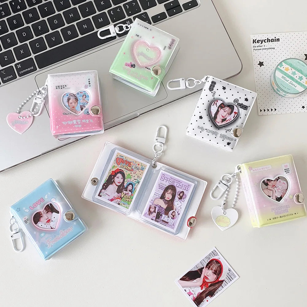 A collection of photo albums and keychains featuring cartoon hearts and images on a white background.