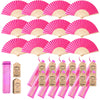 Pink paper hand fans packaged with gift bags and thank you cards