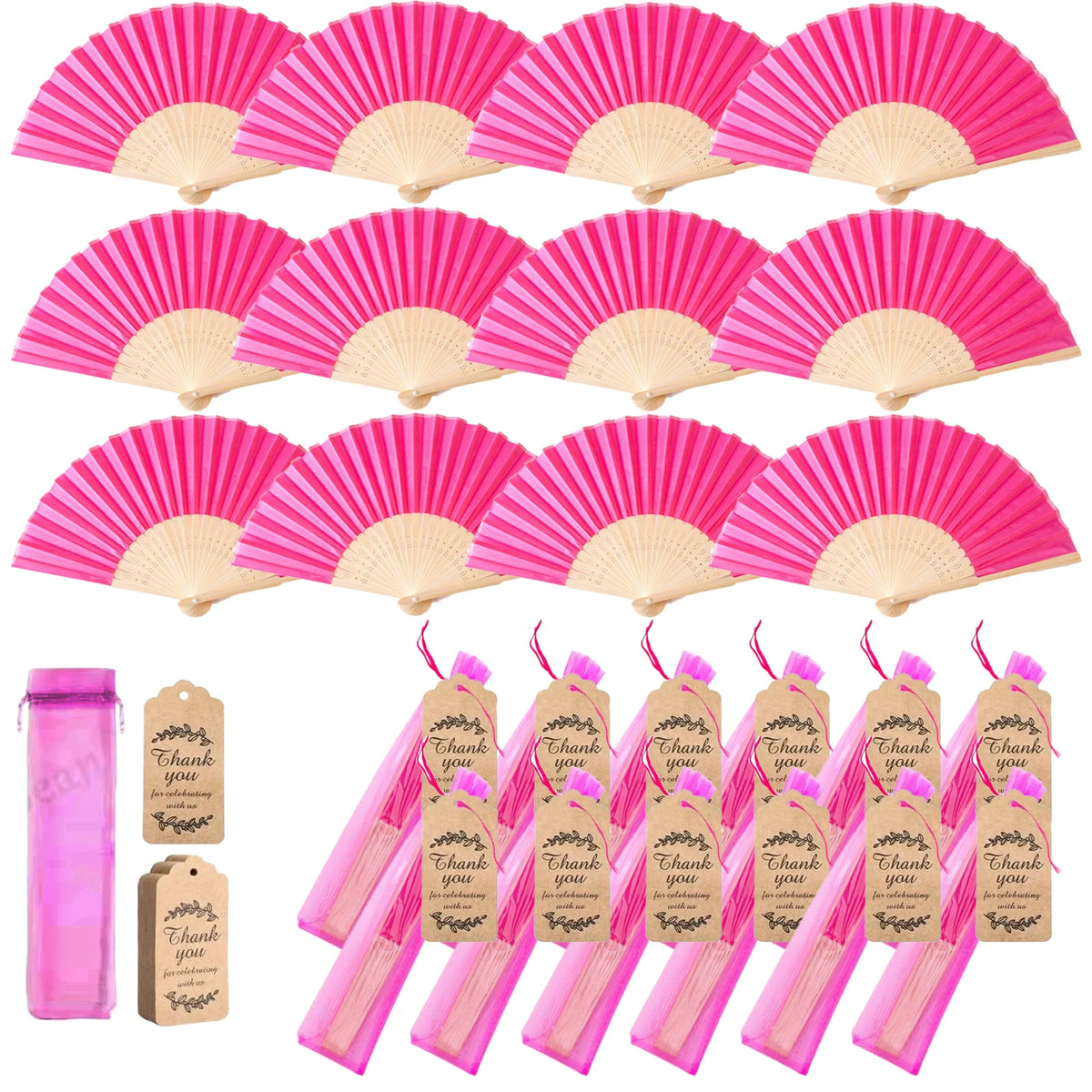Pink paper hand fans packaged with gift bags and thank you cards