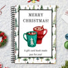 A spiral-bound gift card book featuring watercolor illustrations of mugs with festive Christmas themes and pine trees.