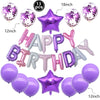 A set of pink and purple foil letter balloons and round balloons for a birthday party decoration.