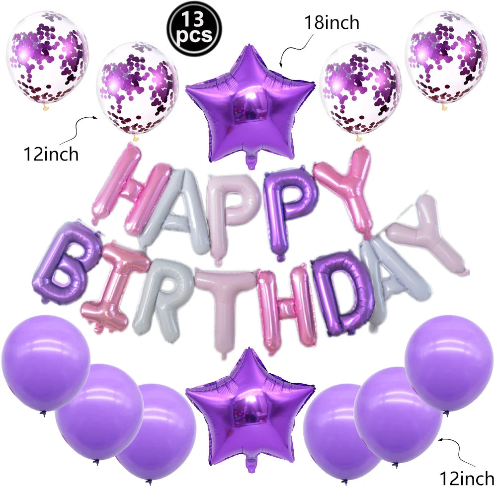 A set of pink and purple foil letter balloons and round balloons for a birthday party decoration.