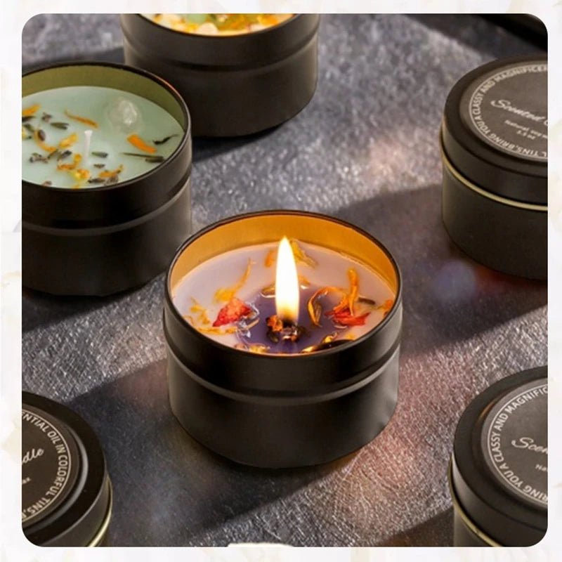 Soy Wax Aromatherapy Candle in Metallic Tin with Dried Flowers