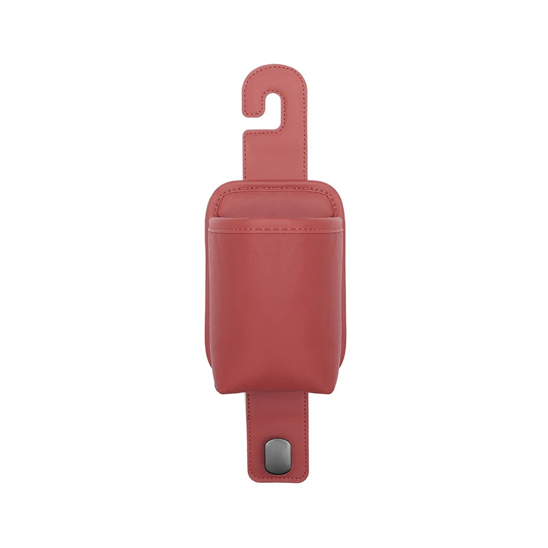 A pink leather car seat back organizer with a headrest hanger and mounting plate.